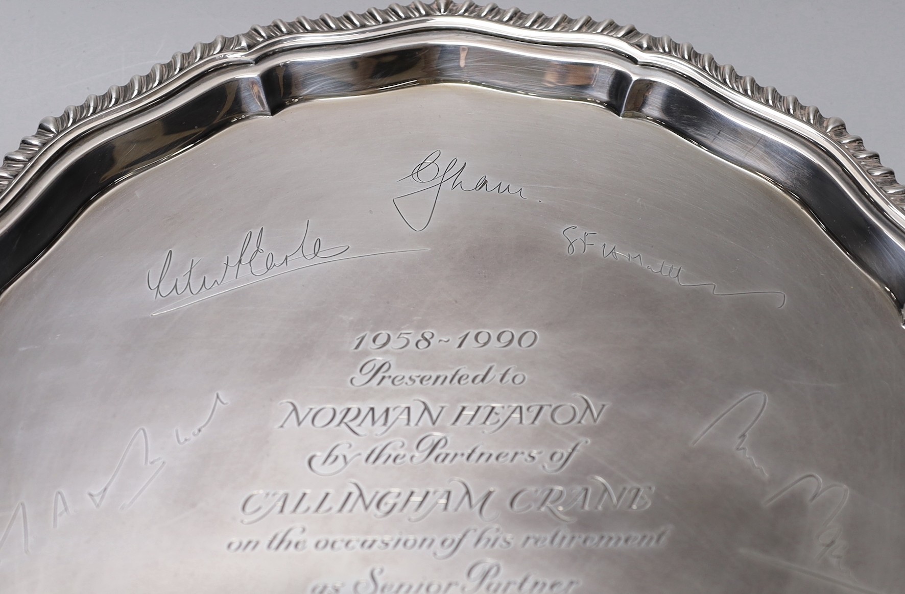 An Elizabeth II silver salver, with engraved signatures and inscription, C.J. Vander Ltd, London, 1990, 31cm, 31.6oz.